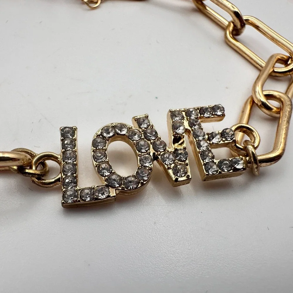 Vintage Y2K Gold Tone Rhinestone LOVE Paperclip Chain Bracelet for Women